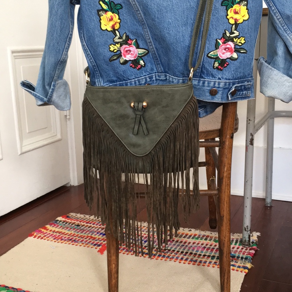 Sage Green Faux Suede Bag with Fringe